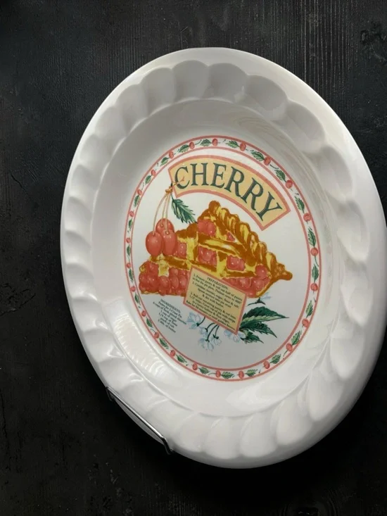 Vintage Ceramic Cherry Pie Plate Dish w/ Recipe Himark Golden Collection Korea - Picture 10 of 12